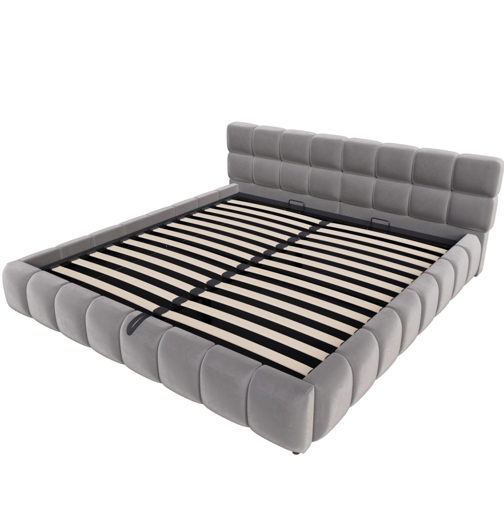 Letto matrimoniale imbottito 180x200 cm in velluto grigio con LED e contenitore idraulico