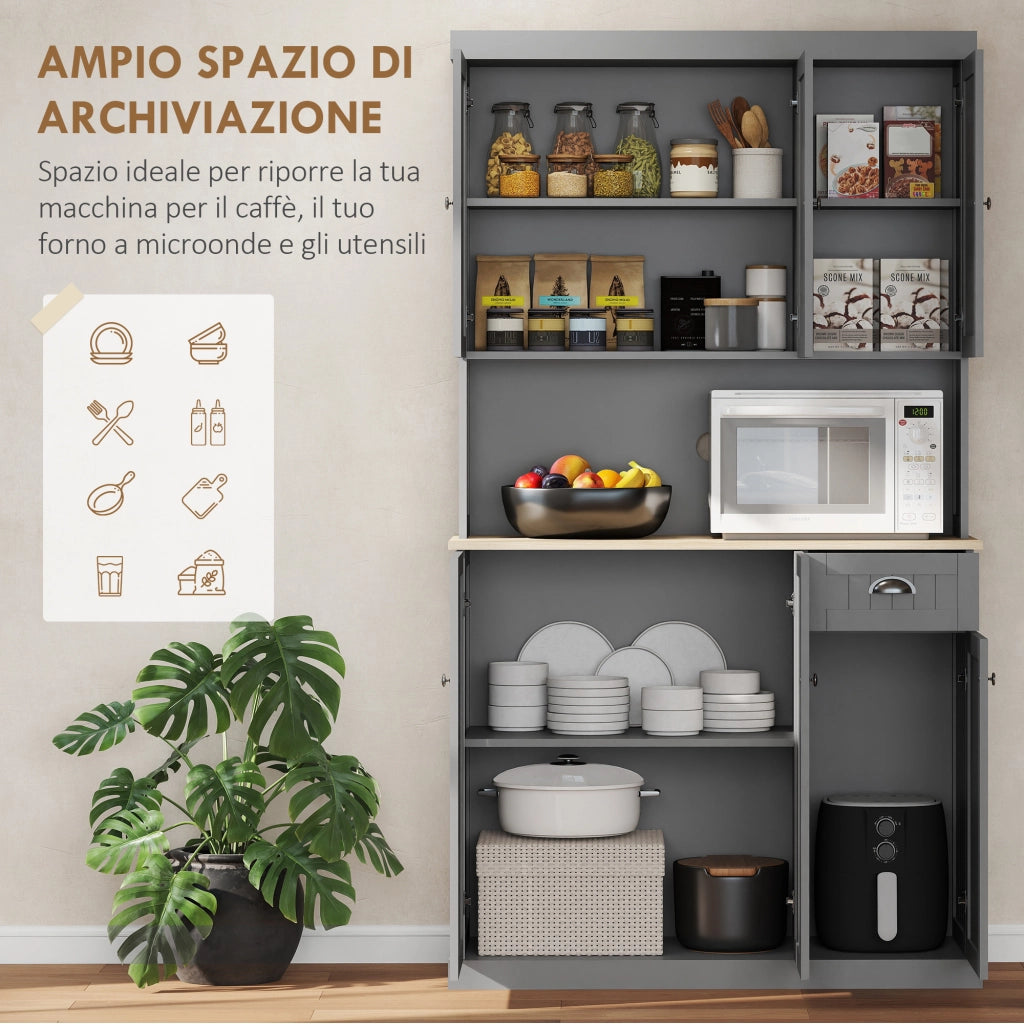 Mobile Cucina Credenza Country 101x39x180cm con Mensole Regolabili in MDF Grigio