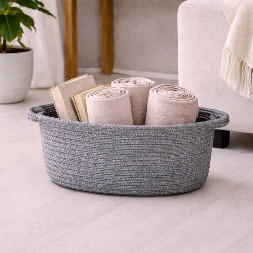 Cesti Portaoggetti Ovale in Corda Grigio con Maniglie cm 47 x 25x h 15 set da 3
