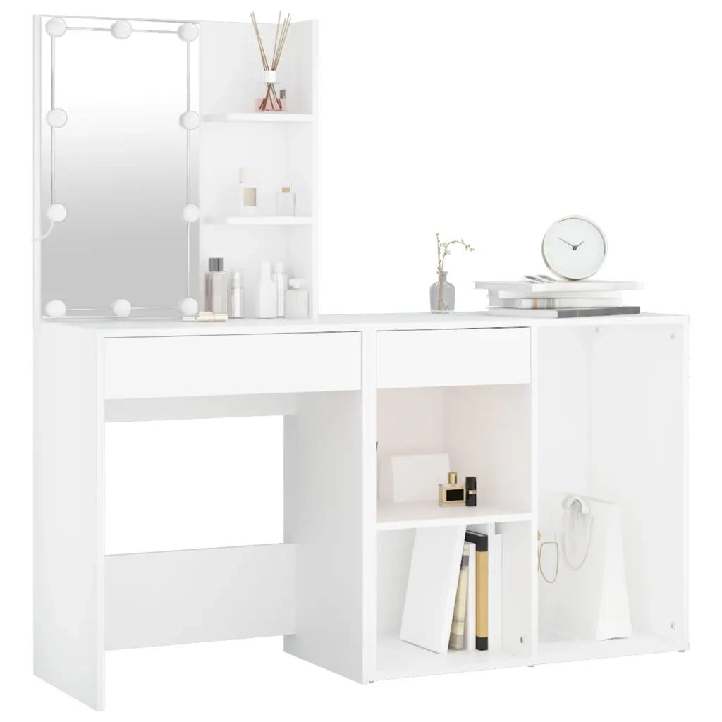 Toeletta | Tavolo da Trucco con LED e Armadietto Bianco in Legno Multistrato
