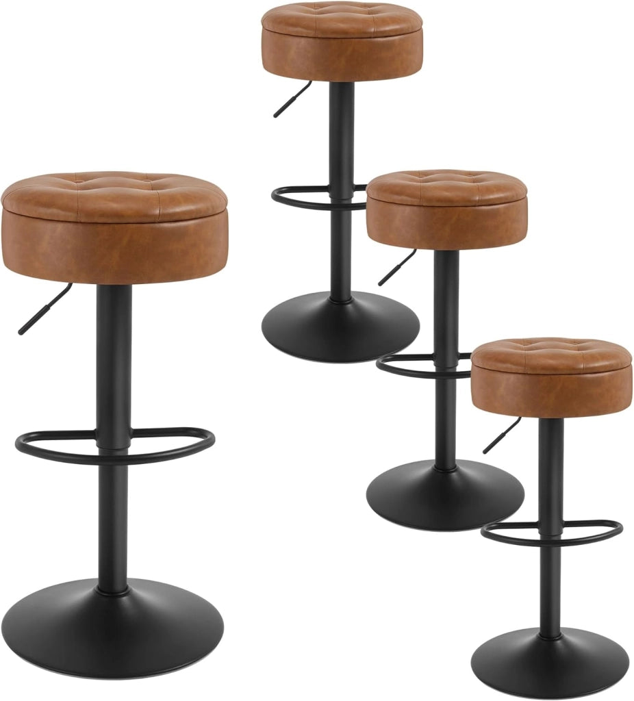 Set di 4 Sgabelli da Cucina, Sgabelli da Bar Alti con Spazio Contenitivo, Sedia Regolabili in Altezza e Girevoli a 360°, per Cucina Sala da Pranzo Bar Bancone, Velluto, Metallo, Grigio Chiaro