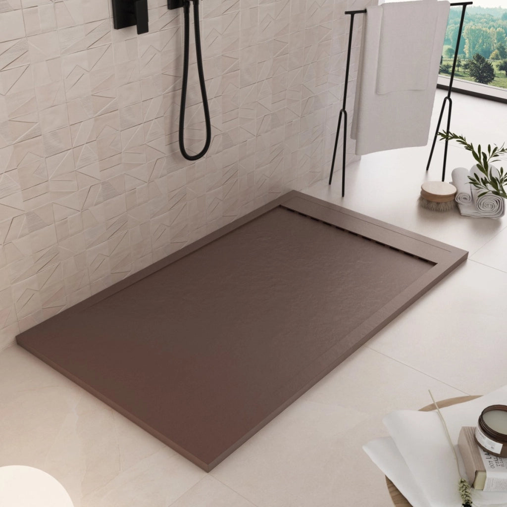 Piatto doccia in marmoresina marrone effetto pietra cemento prestige, misura 80x140
