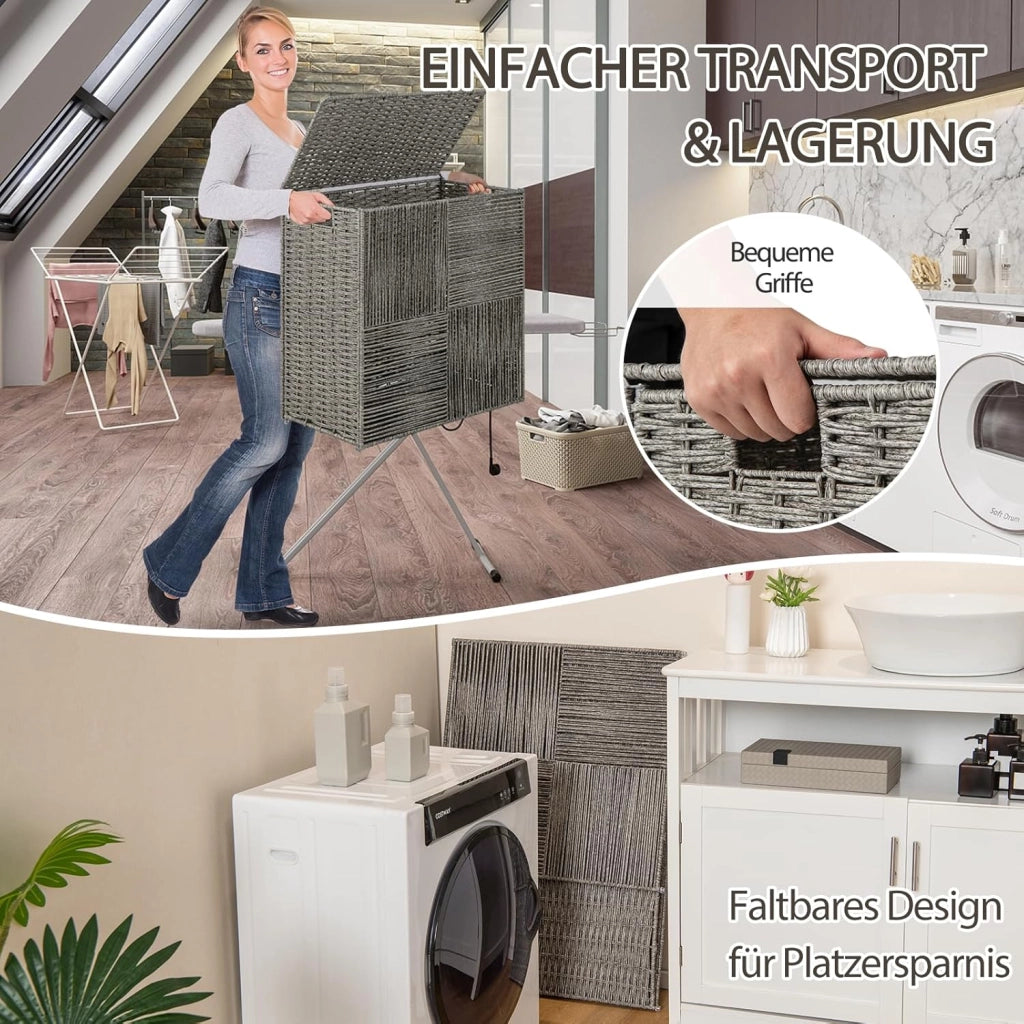 Cesto portabiancheria con coperchio, 110 l, in rattan con tasca interna in 2 parti, design pieghevole e pratici manici, cestino per vestiti in tessuto a mano, per lavanderia e bagno, grigio