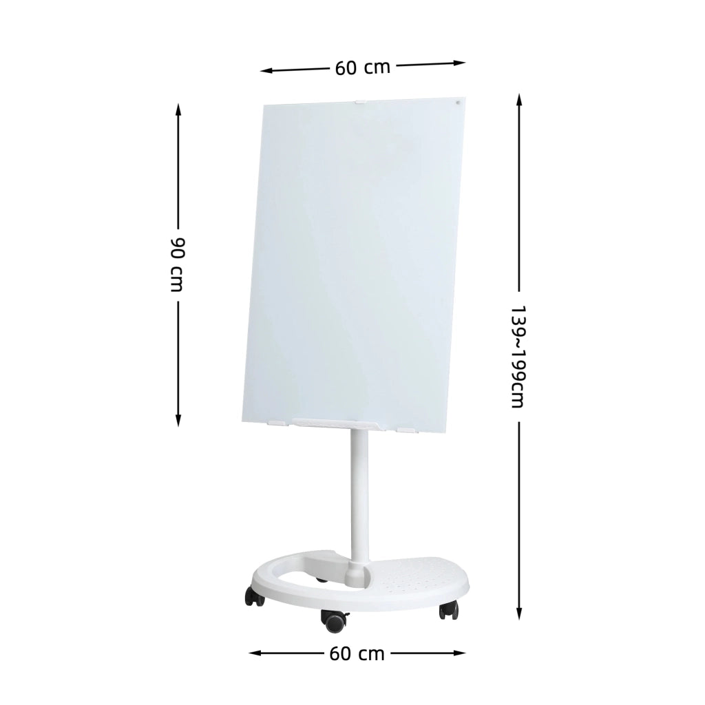 Lavagna magnetica in vetro temperato bianco 90 x 60 cm, regolabile in altezza e inclinazione, con ruote bloccabili