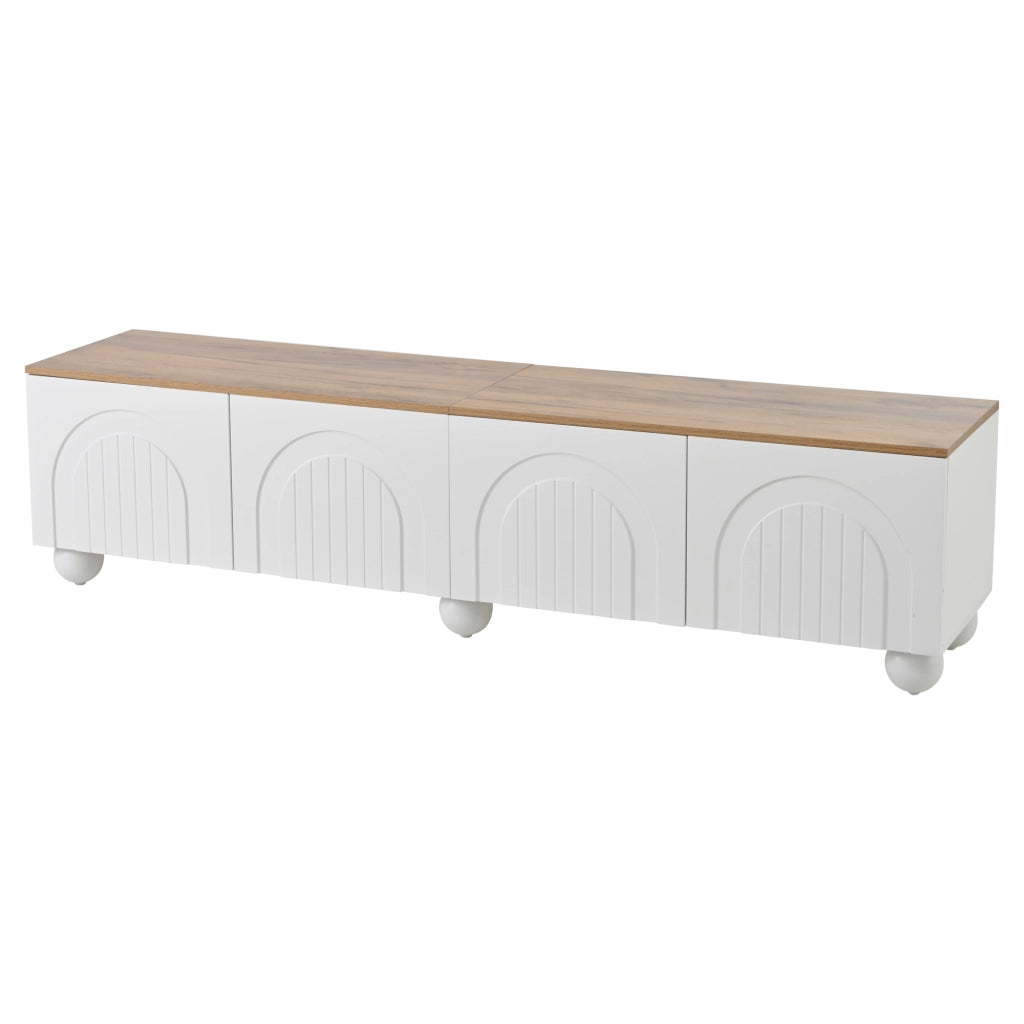 Mobile porta tv con 4 ante e 6 gambe metalliche, design con scanalature, mdf bianco e legno, 180 × 40 × 45 cm