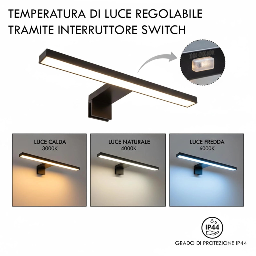 Applique da Specchio Nero IP44 LED 5W CCT 3 Temperature Luce Bagno Specchiera Quadri Lampada Moderna Parete 230V