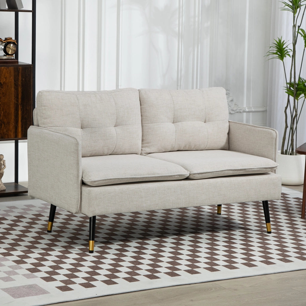 Divano 2 Posti 139x68x80 cm con Cuscini Imbottiti in Tessuto Effetto Lino Bianco Crema