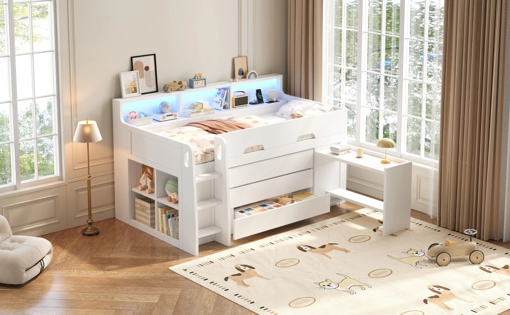 DESMIU Letto a soppalco bambino 90 × 200 cm con 3 cassetti, scrivania mobile, ripiani e LED, senza materasso, bianco