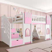 Letto a soppalco 90x200 cm con scala contenitore e finestre in MDF; pino e compensato bianco e rosa