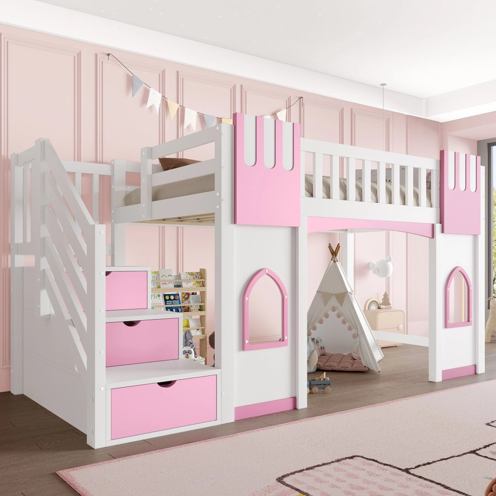 Letto a soppalco 90x200 cm con scala contenitore e finestre in MDF; pino e compensato bianco e rosa