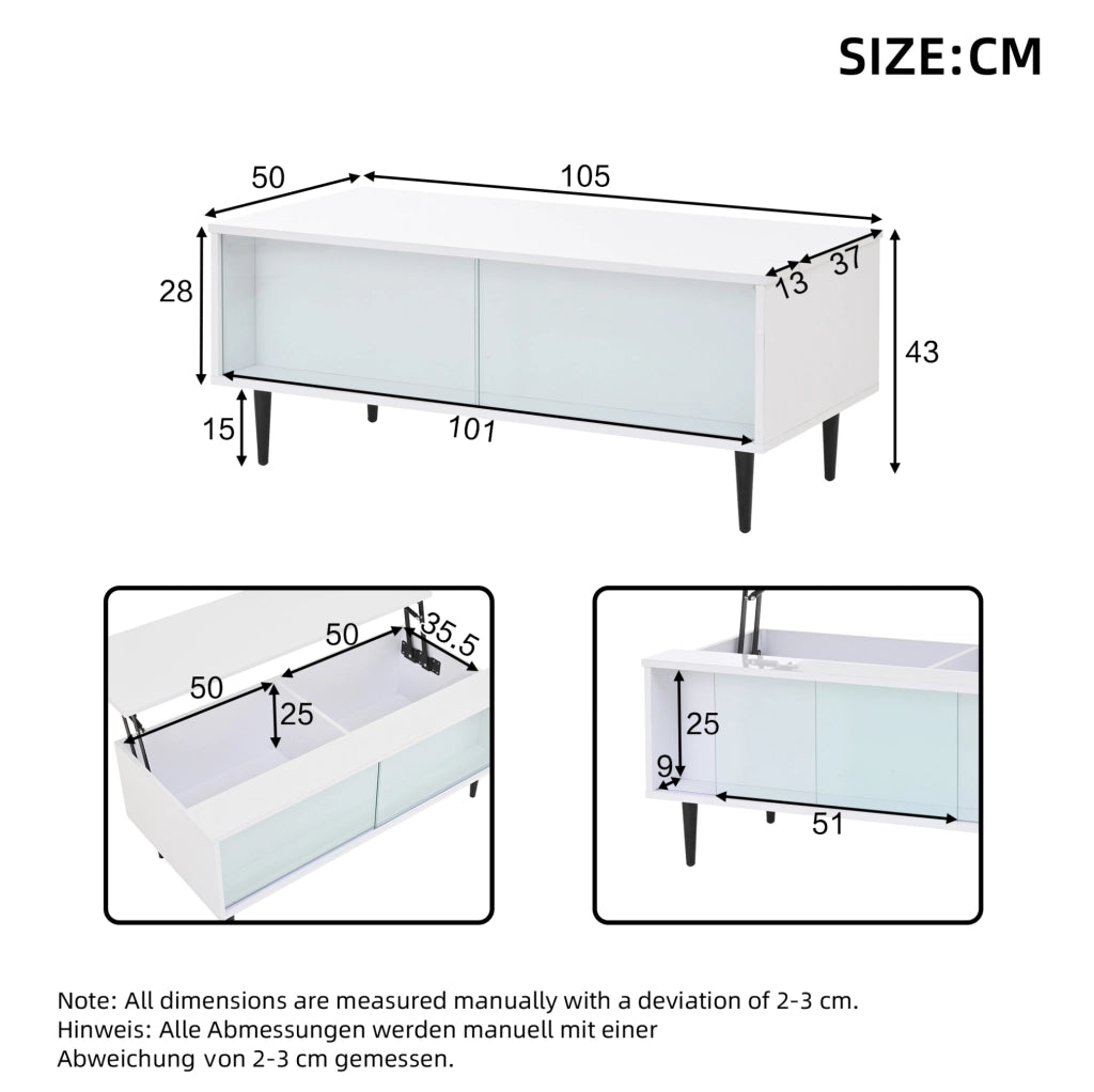 Tavolino da salotto 105x50x43 cm; rialzabile con LED e vano nascosto; truciolato; bianco