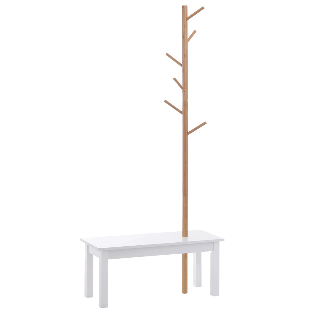 EasyComfort Panca con Appendiabiti da Ingresso, Attaccapanni da Terra in Bambù, Panca da Ingresso Bianca, Design, anche per Camera da Letto, 80x30x180cm, Bianco Legno