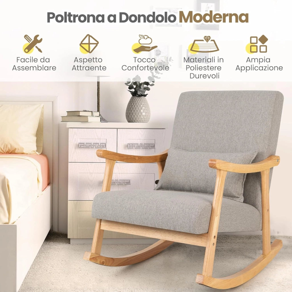 Sedia a Dondolo con Cuscino, Poltrona Dondolo Interno Ergonomica con Schienale Alto, Seduta Imbottito, in Legno di Gomma, per Soggiorno e Camera da Letto (Grigio)