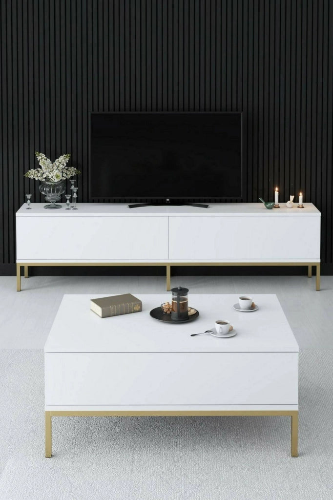 Tavolino da salotto Vespero, Tavolo basso da caffè, Portariviste per divano, Ripiano da soggiorno, 90x60h40 cm, Bianco e Oro