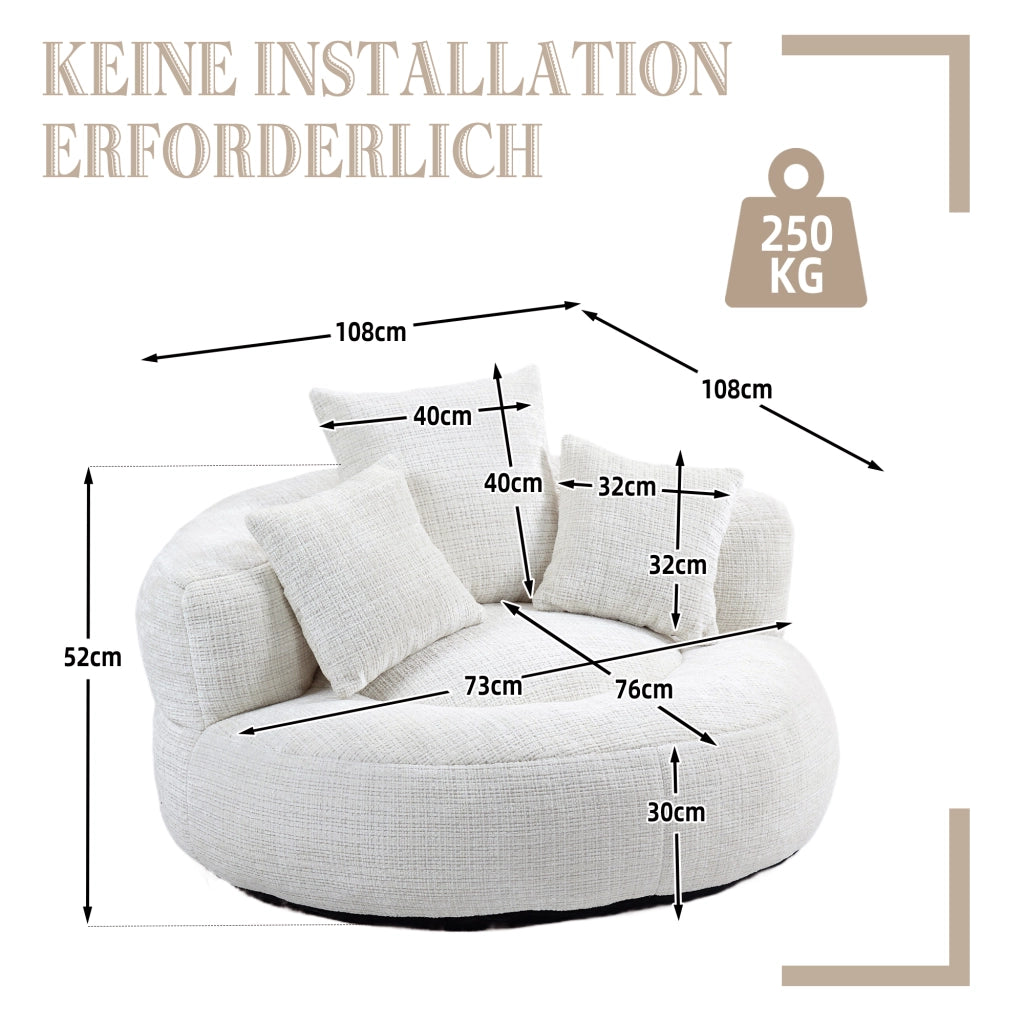 Poltrona Pouf Relax Oversize con Schienale Alto e Braccioli Confortevoli; Seduta Ampia in Ciniglia Beige