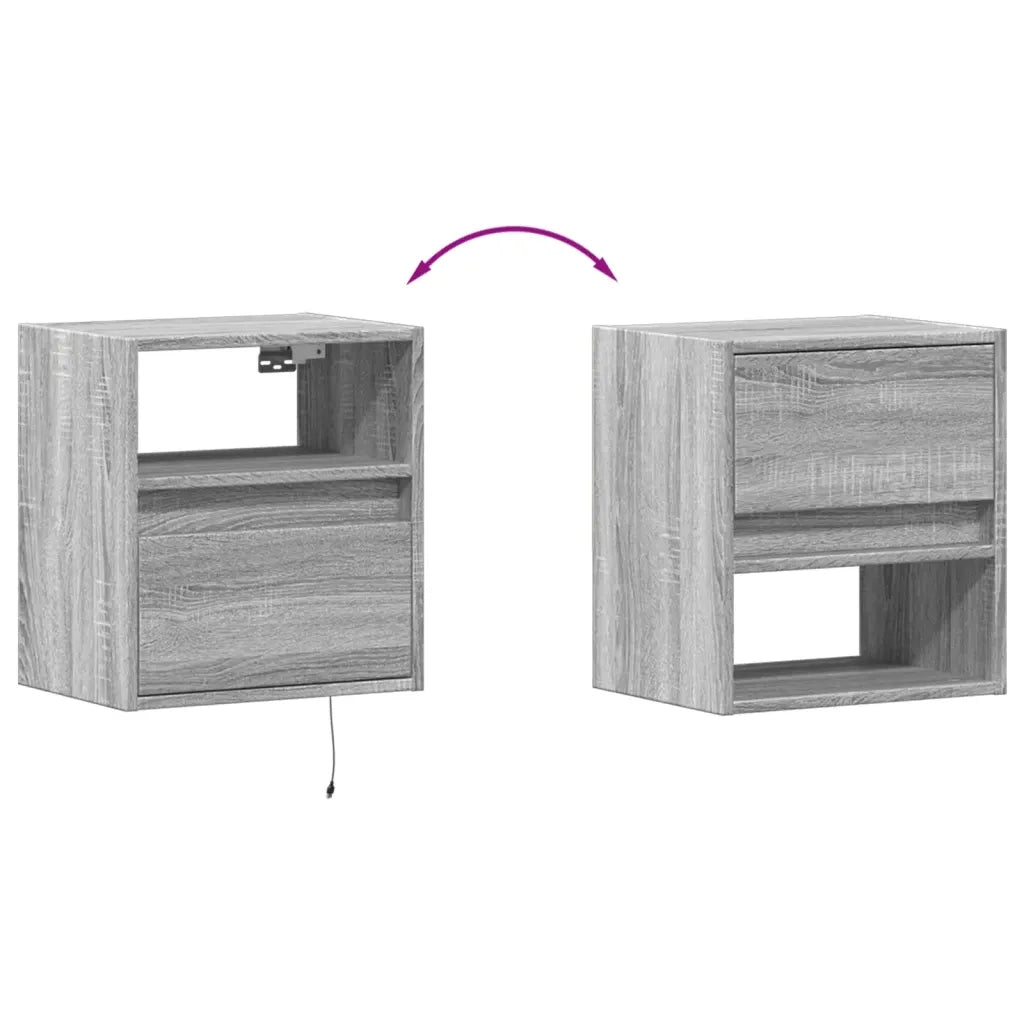Comodino | Armadio da Notte | Mobiletto da notte a Parete con luci LED Grigio Sonoma