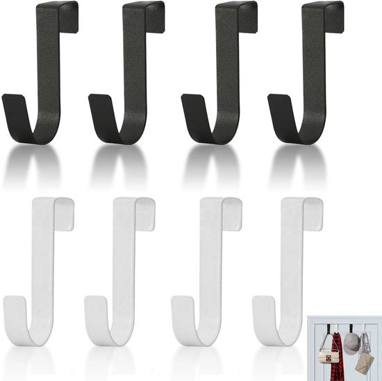 Set di ganci per porte da 4 - Ganci antiscivolo - Per organizzare lo spazio dietro le porte - Supporto per porte - Alta capacità di sollevamento - Nero/Bianco - Gancio per catenaccio