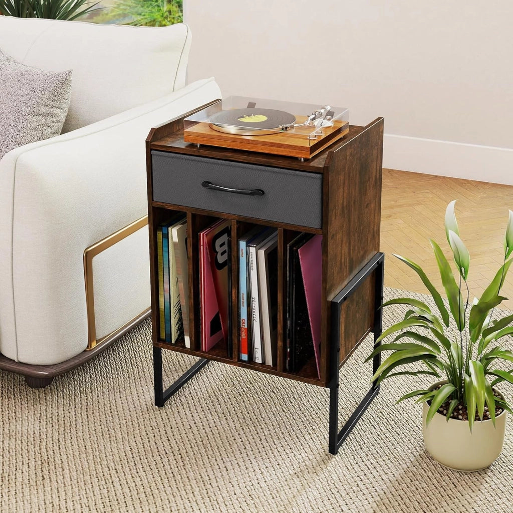 Supporto per Giradischi, Mobile Giradischi in Legno con Cassetto in Tessuto e 4 Scomparti, per fino a 160 Dischi in Vinile, Scaffale per Dischi in Stile Retrò per Soggiorno e Camera da Letto