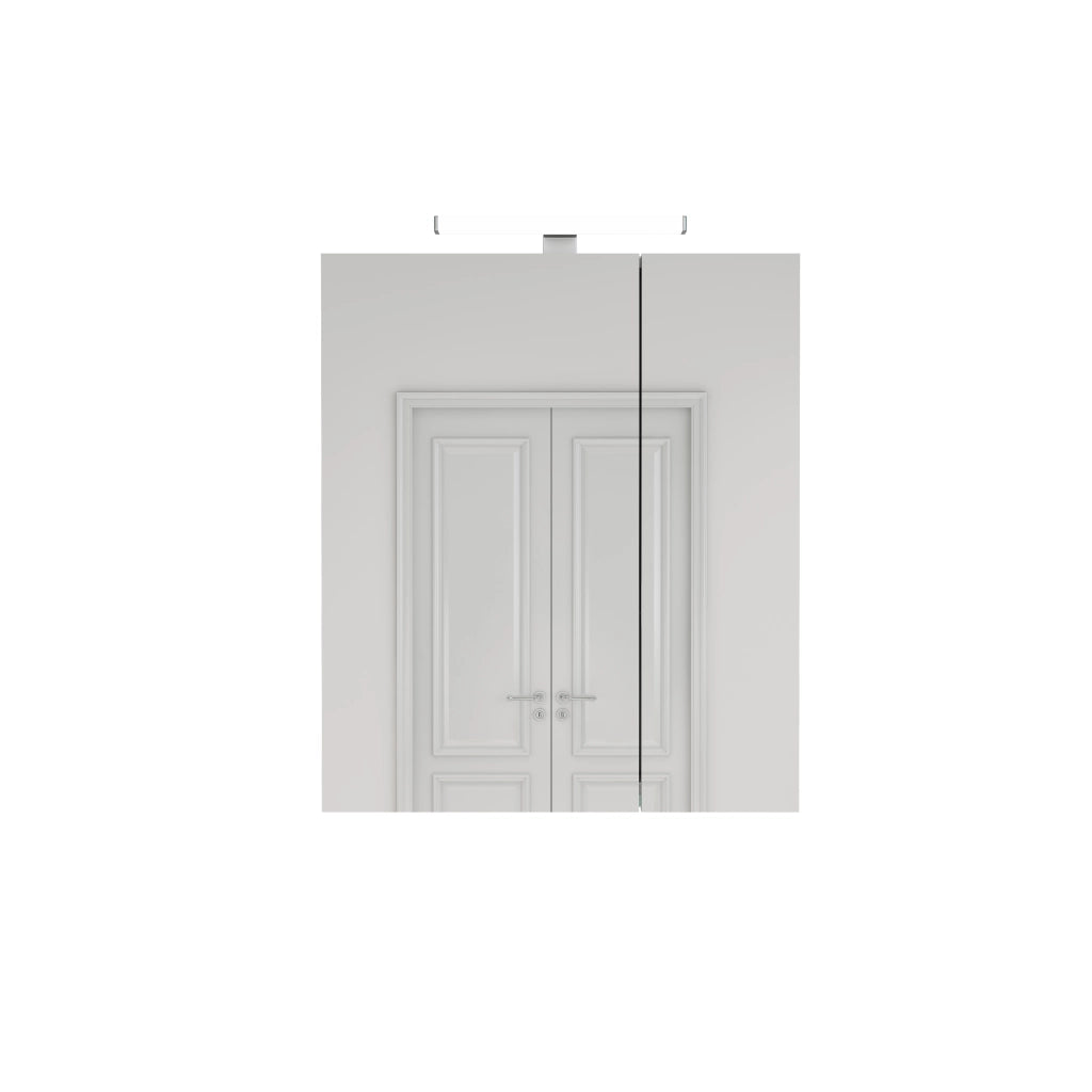 Mobile con specchio con 2 ante asimmetriche; ripiani in vetro regolabili; LED e presa integrata per bagno; bianco