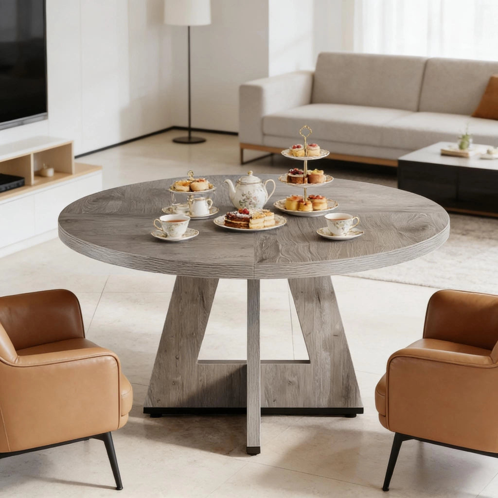 Tavolo da pranzo rotondo stile farmhouse 120 cm grigio in legno ingegnerizzato per 4 persone