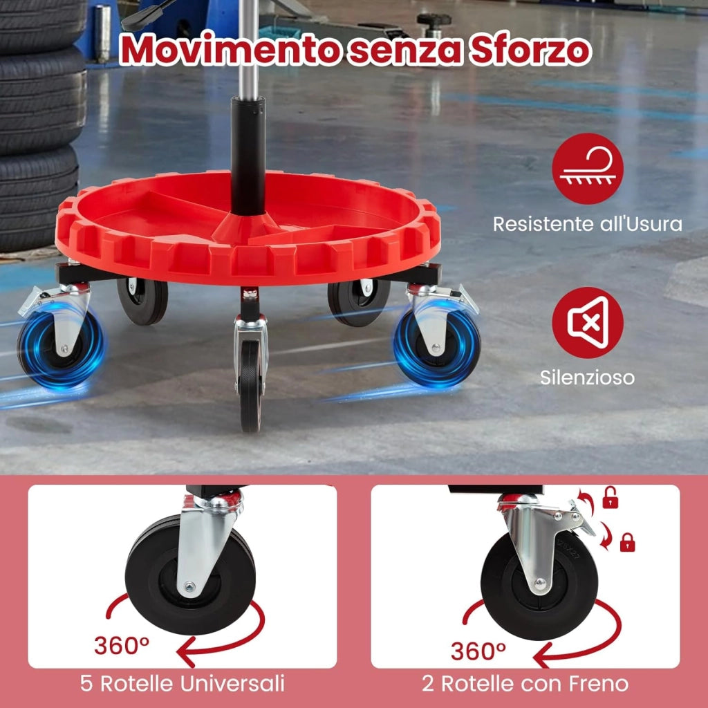 COSTWAY Sgabello da Officina con 5 Ruote, Sedia Meccanico Imbottita con Altezza Regolabile e Vassoio Porta Attrezzi, capacità di 185 kg, per Riparazione Auto, per Garage e Officina