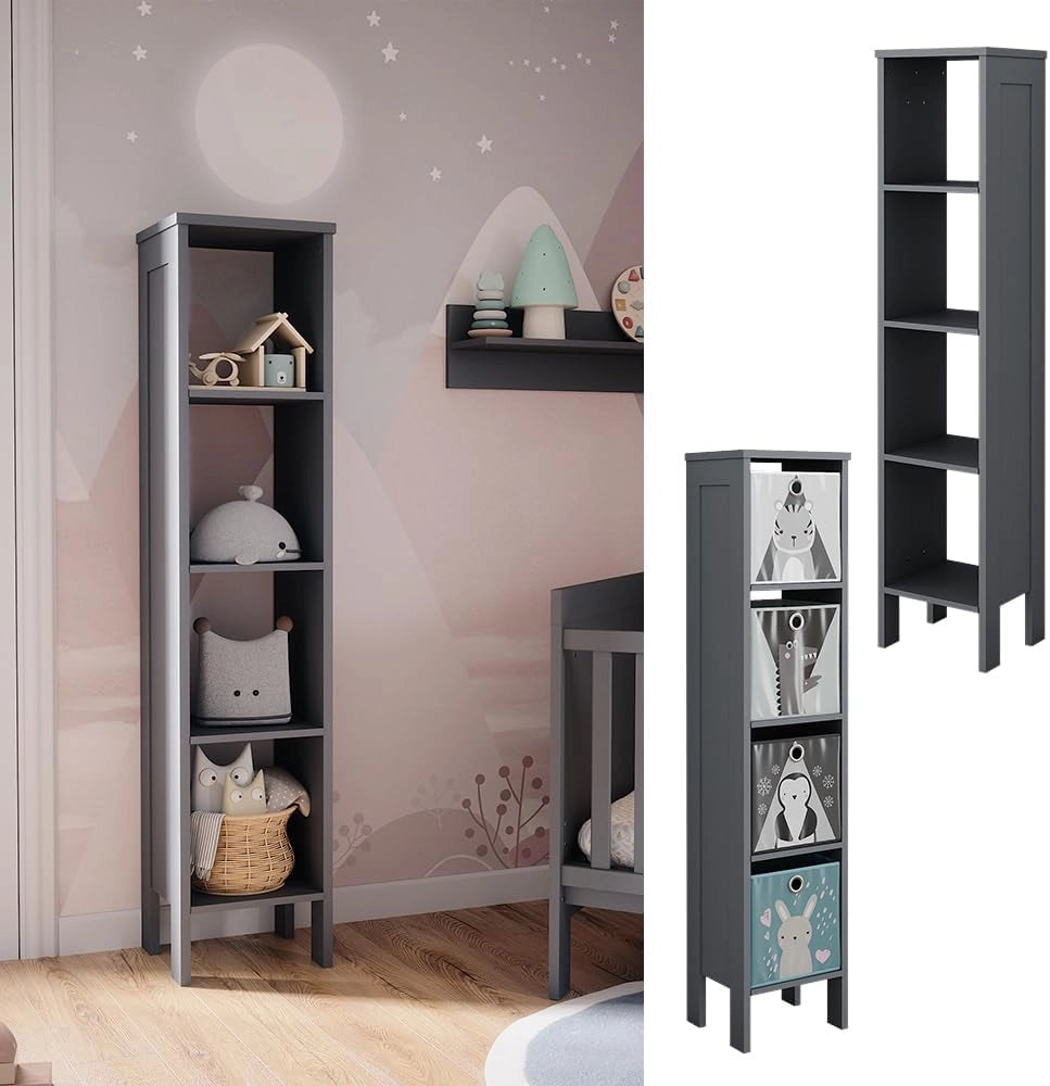 Scaffale per bambini Ajaton, Grigio, 35.2 x 159.5 cm, per riporre giocattoli e libri con scatole pieghevoli