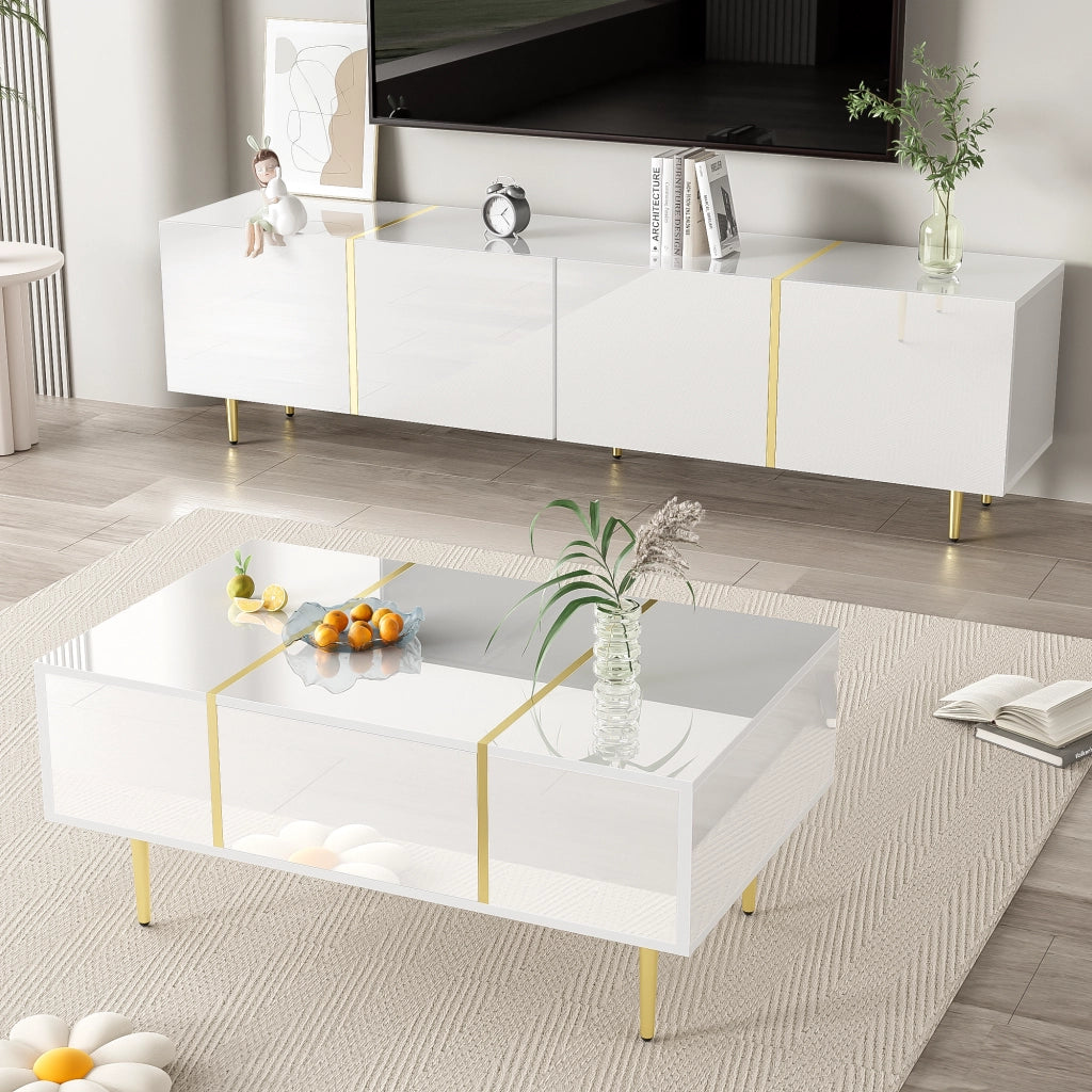 OKWISH Set di 2 Mobili da Soggiorno, Mobile TV e Tavolino con Ante e Cassetti, MDF Bianco Lucido