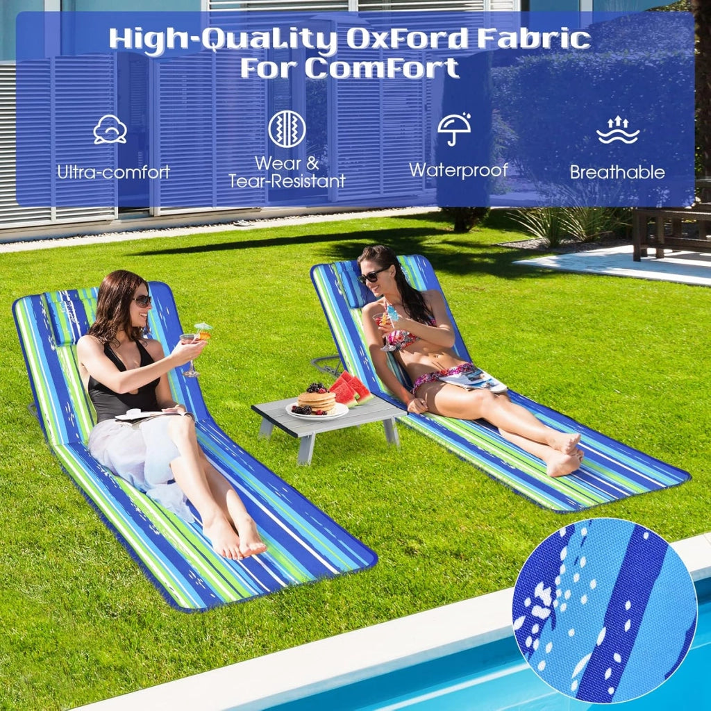 Set di 2 Materassi da Spiaggia Pieghevoli e Tavolino, Sedie a Sdraio da Spiaggia Regolabili in 5 Posizioni con Poggiatesta Rimovibile, Tasca per Giardino, Campeggio (Blu+Verde)