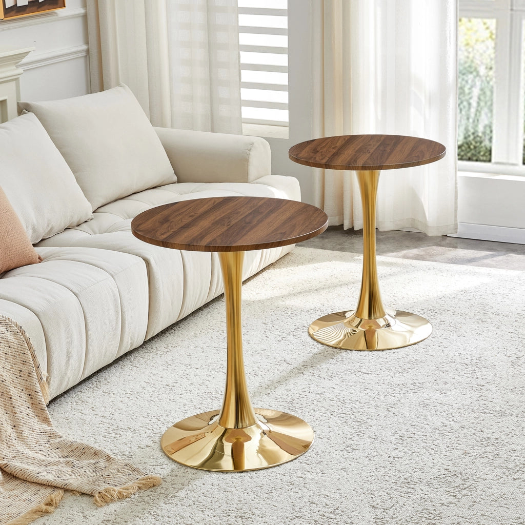 Tavolo rotondo da pranzo o soggiorno 60 cm; stile Mid-Century; MDF effetto noce e metallo dorato