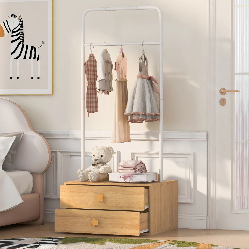 Scaffale con asta appendiabiti e 2 cassetti con maniglie a forma di stella in mdf colore legno naturale 70 × 55 × 168 cm