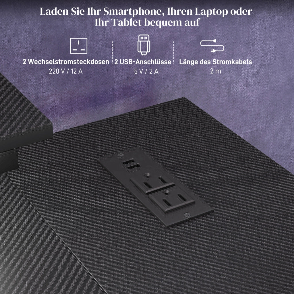 Scrivania angolare con LED, prese e USB ¨C Zephmum ¨C Nero, 107x80x90 cm