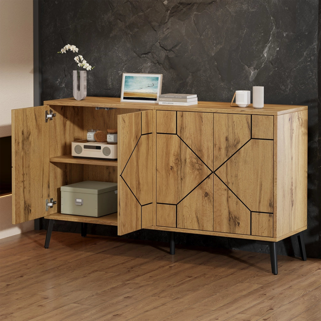 Credenza moderna 120x35x69 cm con 4 ante, 4 scomparti interni, struttura in MDF e gambe in metallo, finitura effetto legno naturale