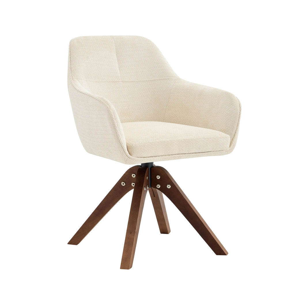Sedia da Pranzo Set da 2 Girevole a 360° con Braccioli e Schienale Ergonomico in Tessuto Bianco e Legno Massello Noce