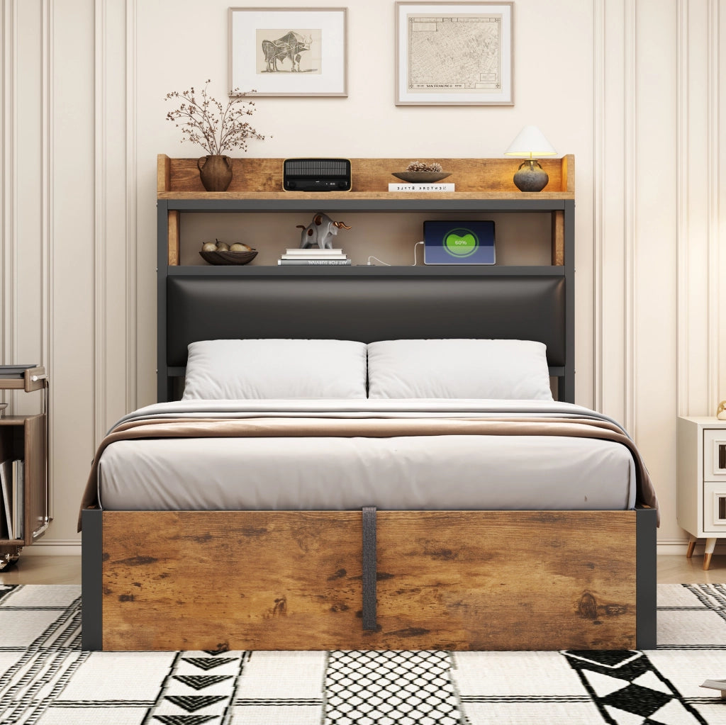 Letto contenitore 90x200 cm con sollevamento idraulico; USB e testiera imbottita in metallo; legno e tessuto