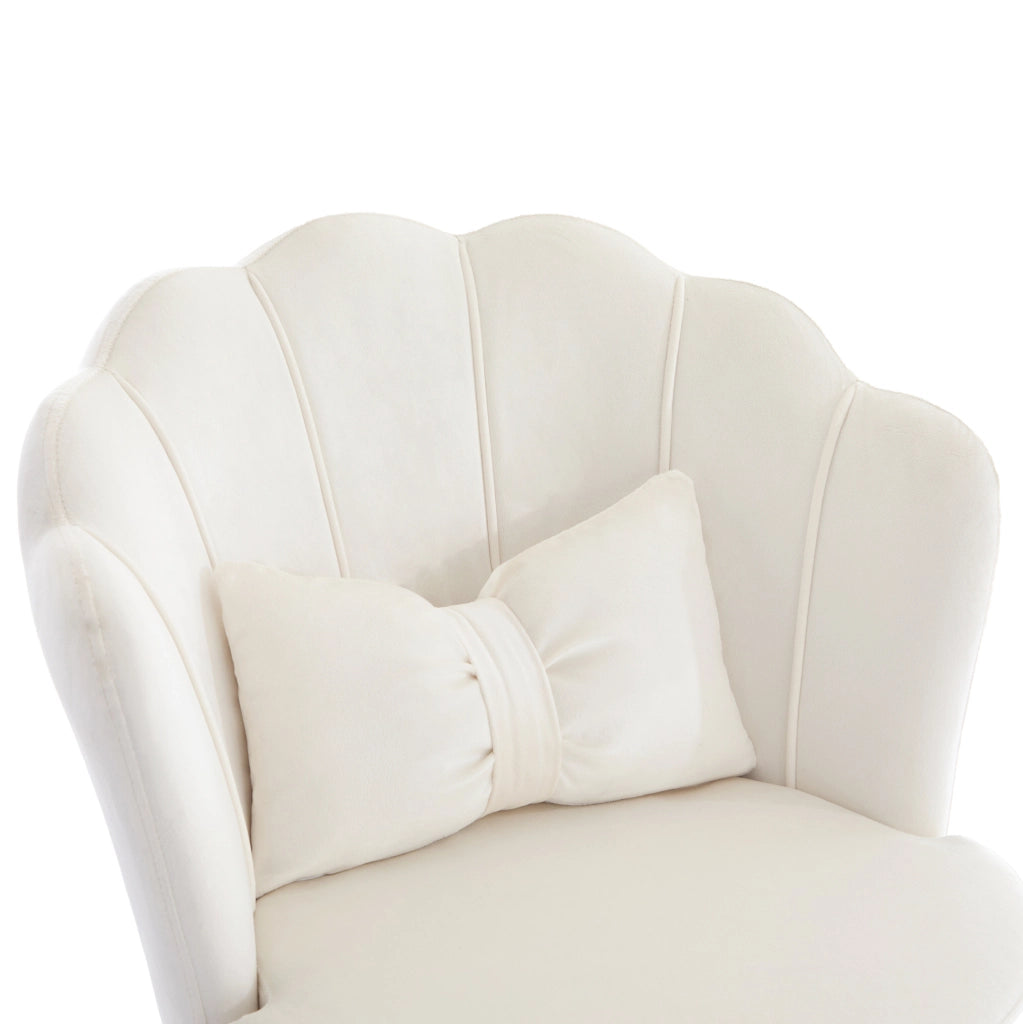 Sedia girevole regolabile in velluto beige con schienale a petalo e cuscino lombare