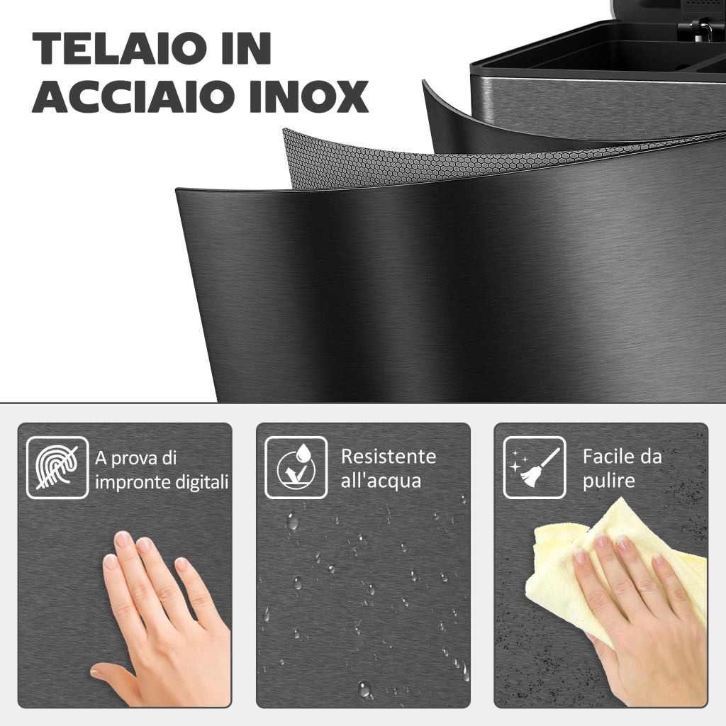 Pattumiera a 3 Sezioni da 20L 61,9x36,6x56,7 cm con Coperchio Silenzioso in Acciaio Inox e PP Nero