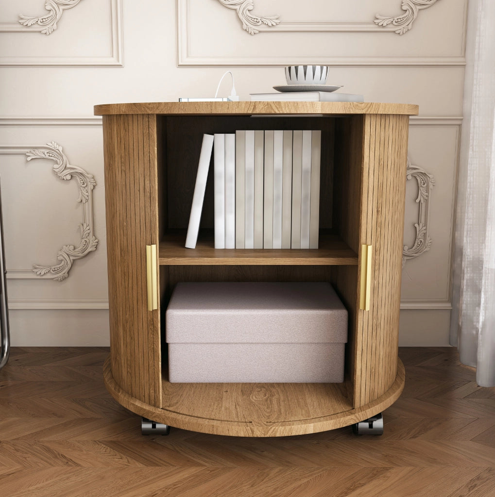 Comodino rotondo con ricarica USB e presa, anta scorrevole, effetto rovere HAVRYA