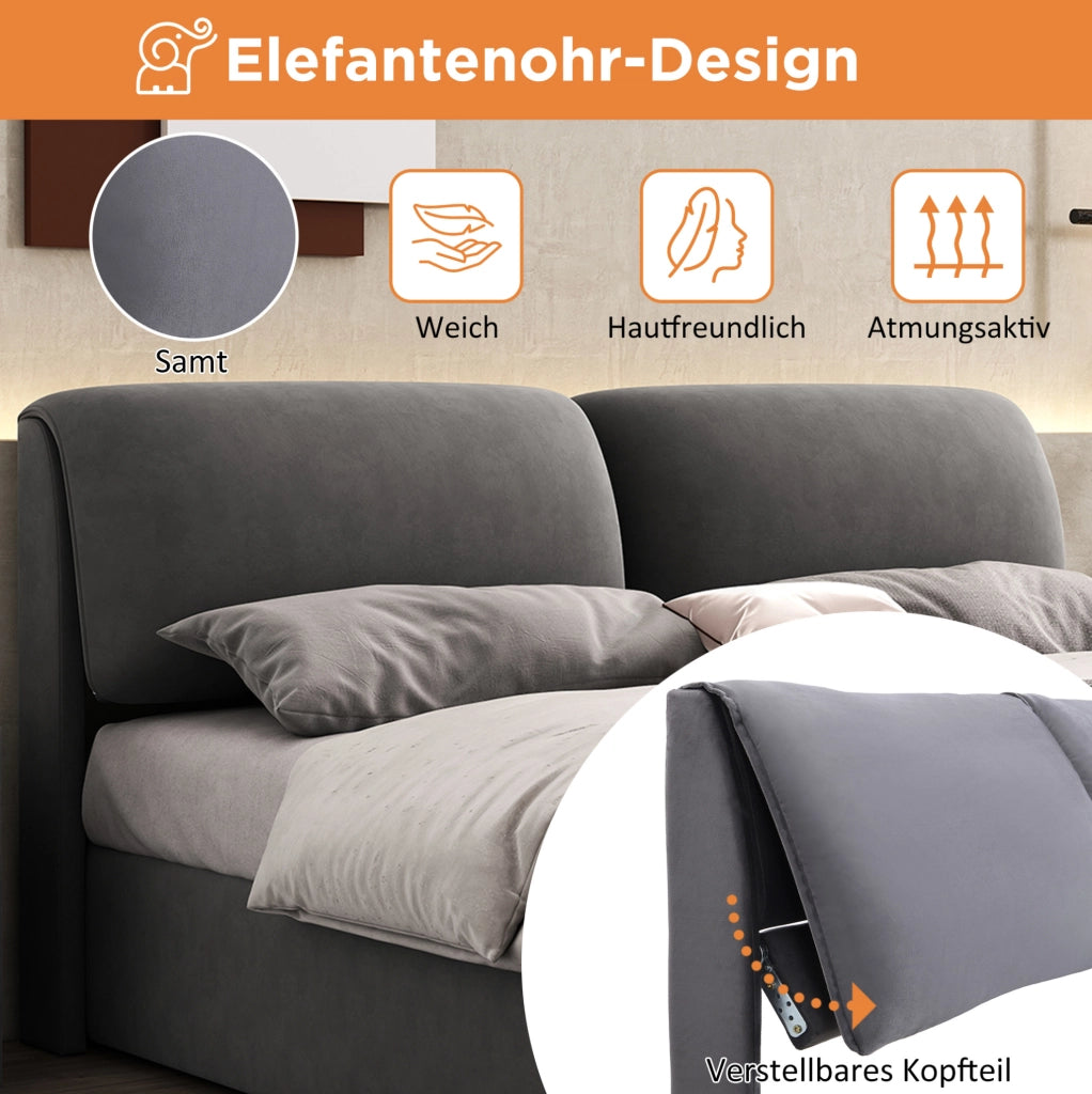 Letto imbottito 180x200 in velluto grigio con contenitore; 3 cassetti e testiera regolabile