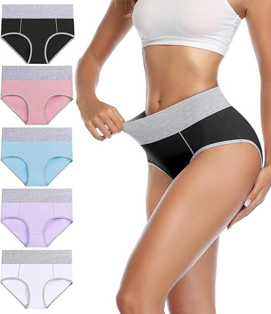 5 pacchi di slip comodi per donne, alta cintura, slip di cotone robusto per il sollevamento delle anche e la perdita di peso nella zona della vita, (Bianco + Blu scuro + Nero + Blu chiaro + Rosa chiaro) - 4XL