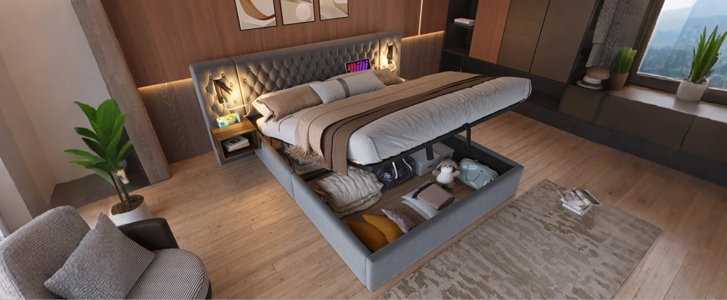 DESMIU Letto Contenitore Letto Matrimoniale con 2 Comodini, USB, Type-C e Luci da Lettura 160 × 200 cm Senza Materasso