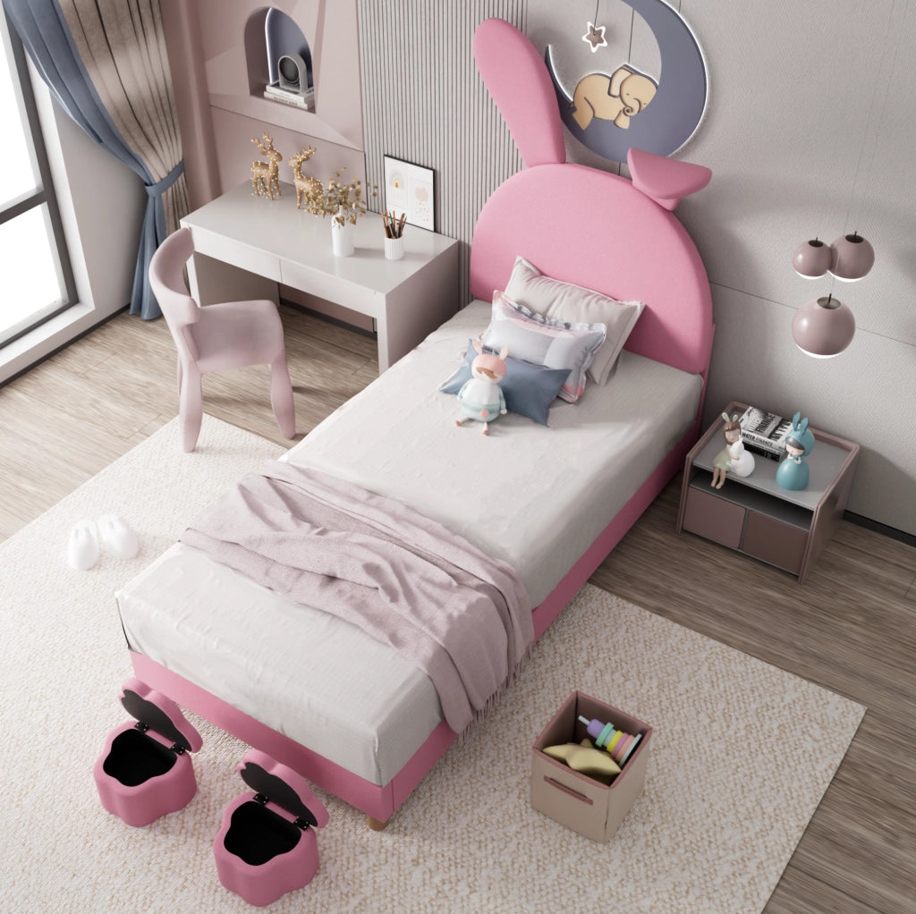 Letto singolo rosa 90x200 cm in velluto con LED e contenitore