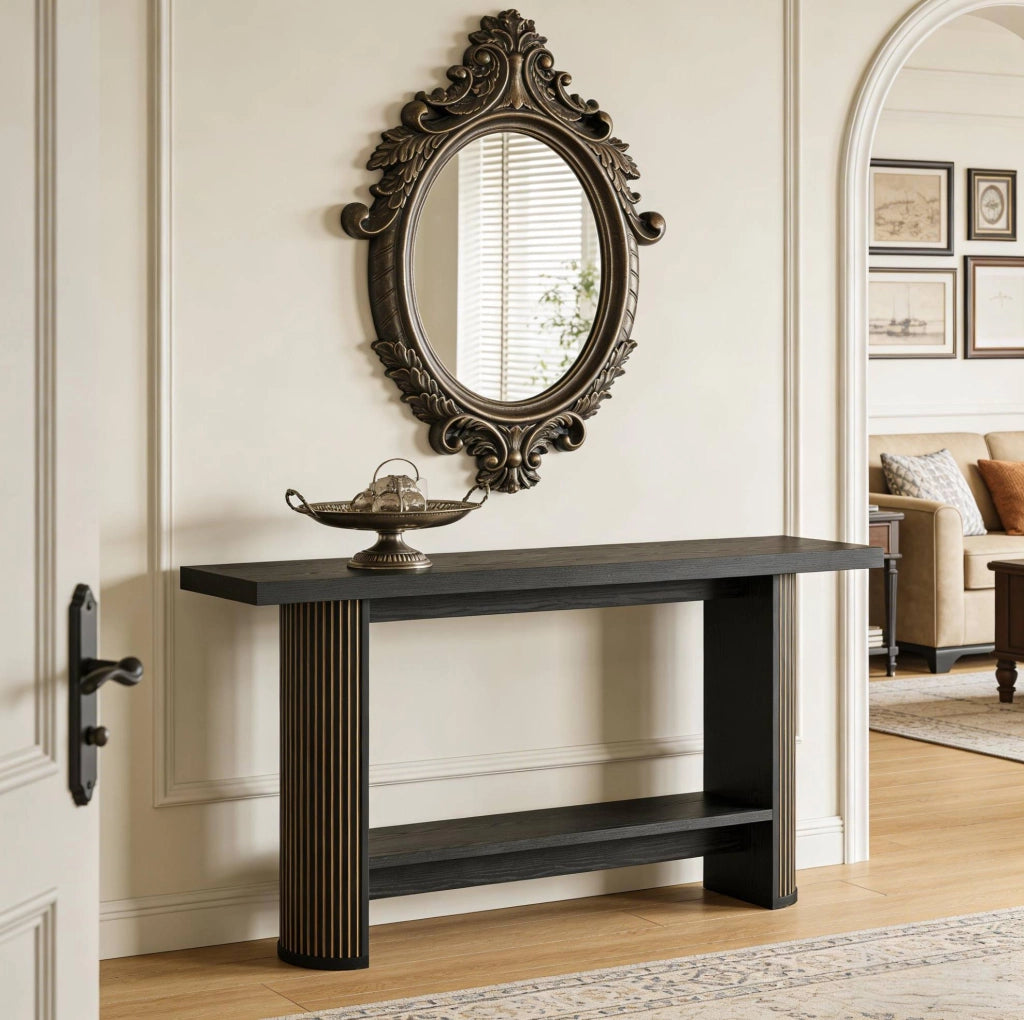 Tavolo consolle moderno in legno nero dal design stretto