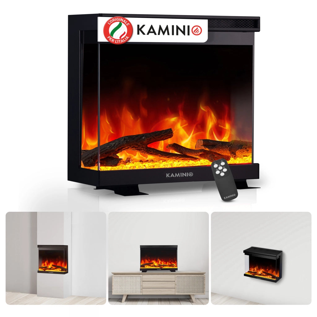 KAMINIO Camino elettrico LEA - Camino 3 in 1 con vista panoramica, riscaldamento, effetto fiamma, 12 colori delle fiamme, telecomando - 24 pollici