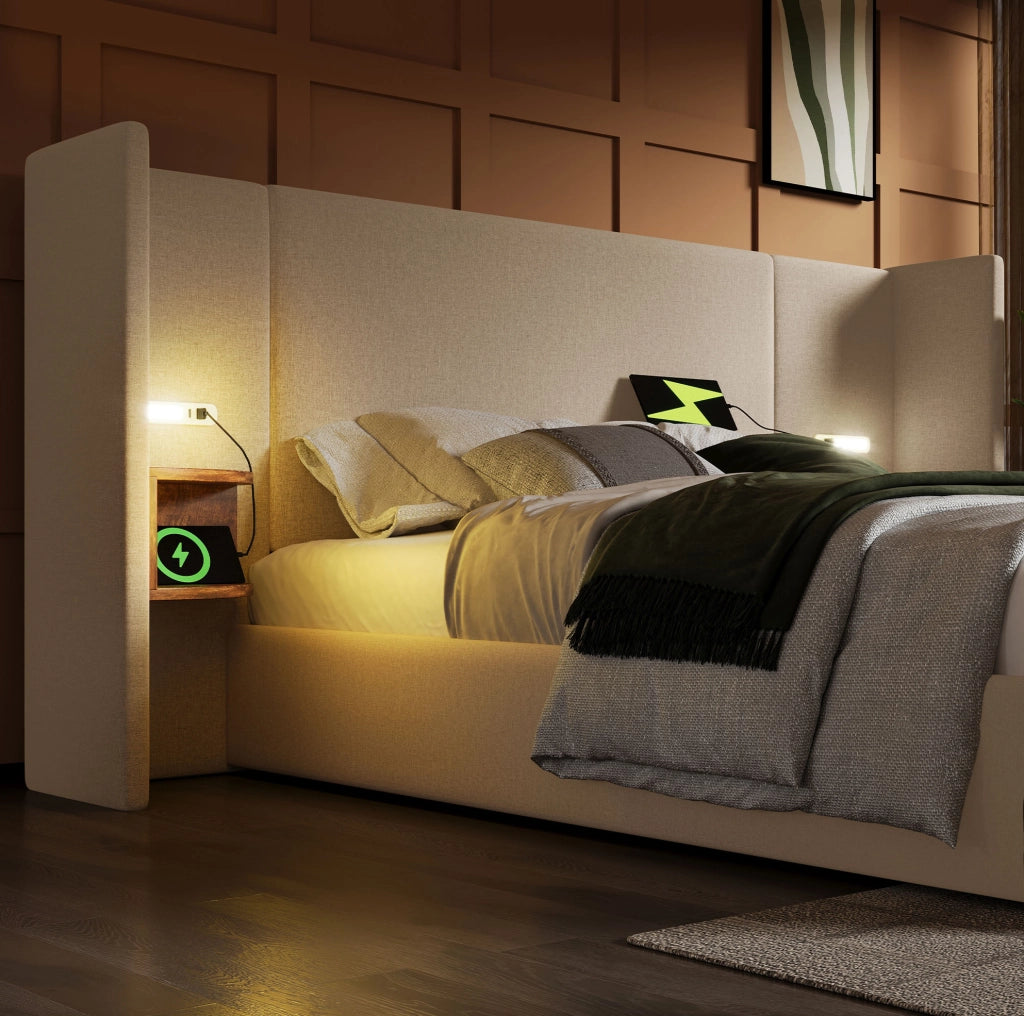 Letto matrimoniale contenitore 160x200 cm con testiera multifunzione; USB e luce da lettura; beige
