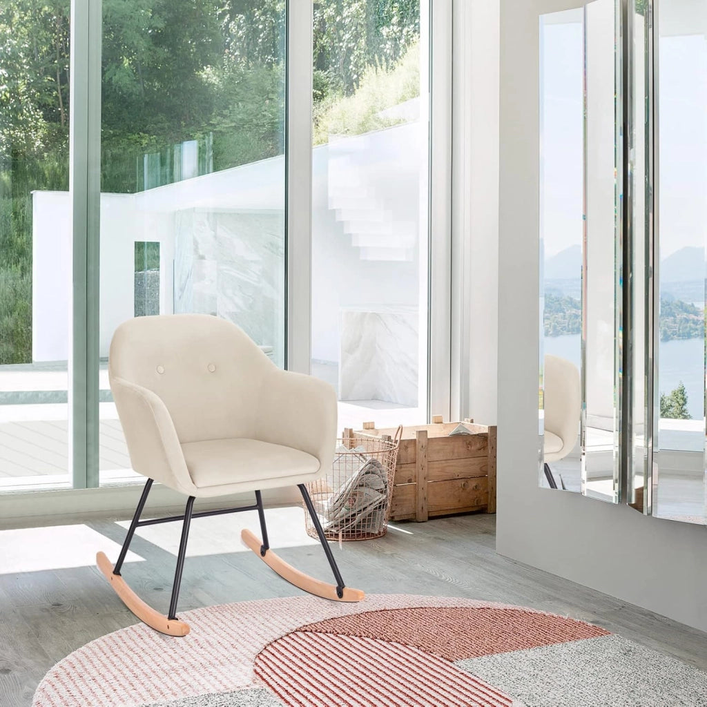 Sedia a Dondolo per Soggiorno Poltrona Relax con Schienale Braccioli Fodera in Velluto Crema SKS16cm