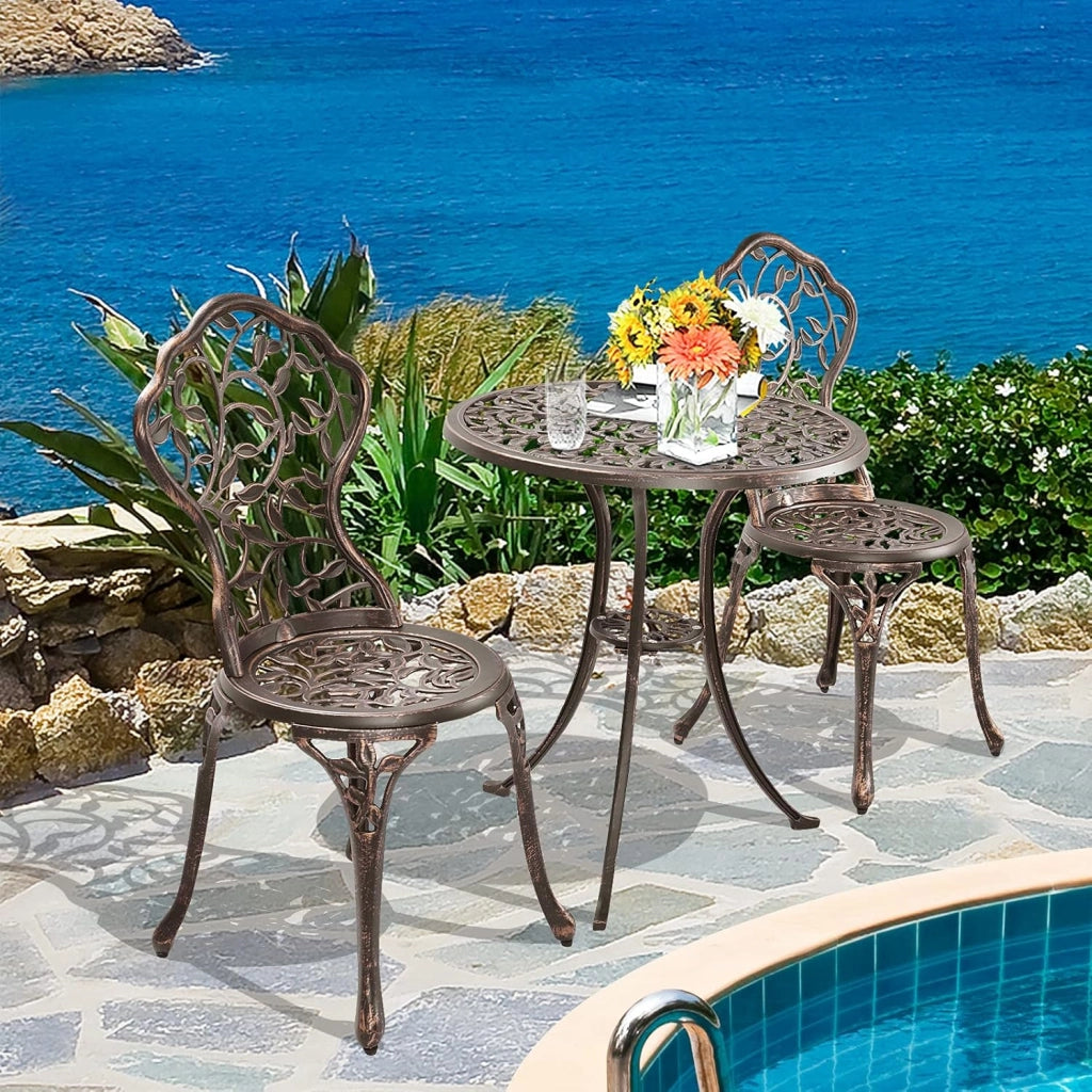 Set da Bistrot Tavolo Rotondo con 2 Sedie in Fusione di Alluminio, Set da Giardino Antico per Esterni Balcone Bordo Piscina, Bronzo