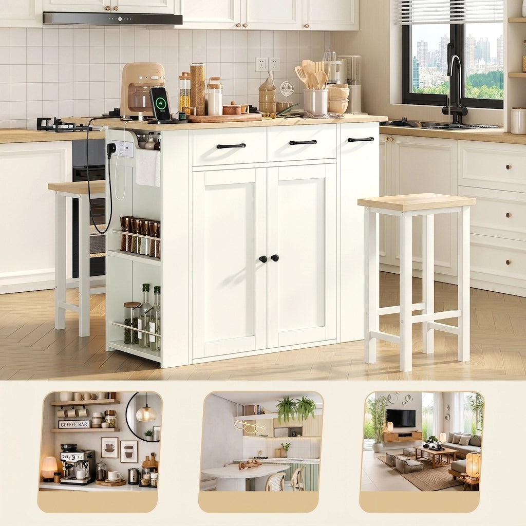 Isola Cucina con Tavolo Estensibile 120×45-75 cm; 2 Sgabelli; Ripiani Regolabili; Cassetti e Prese AC/USB Bianco