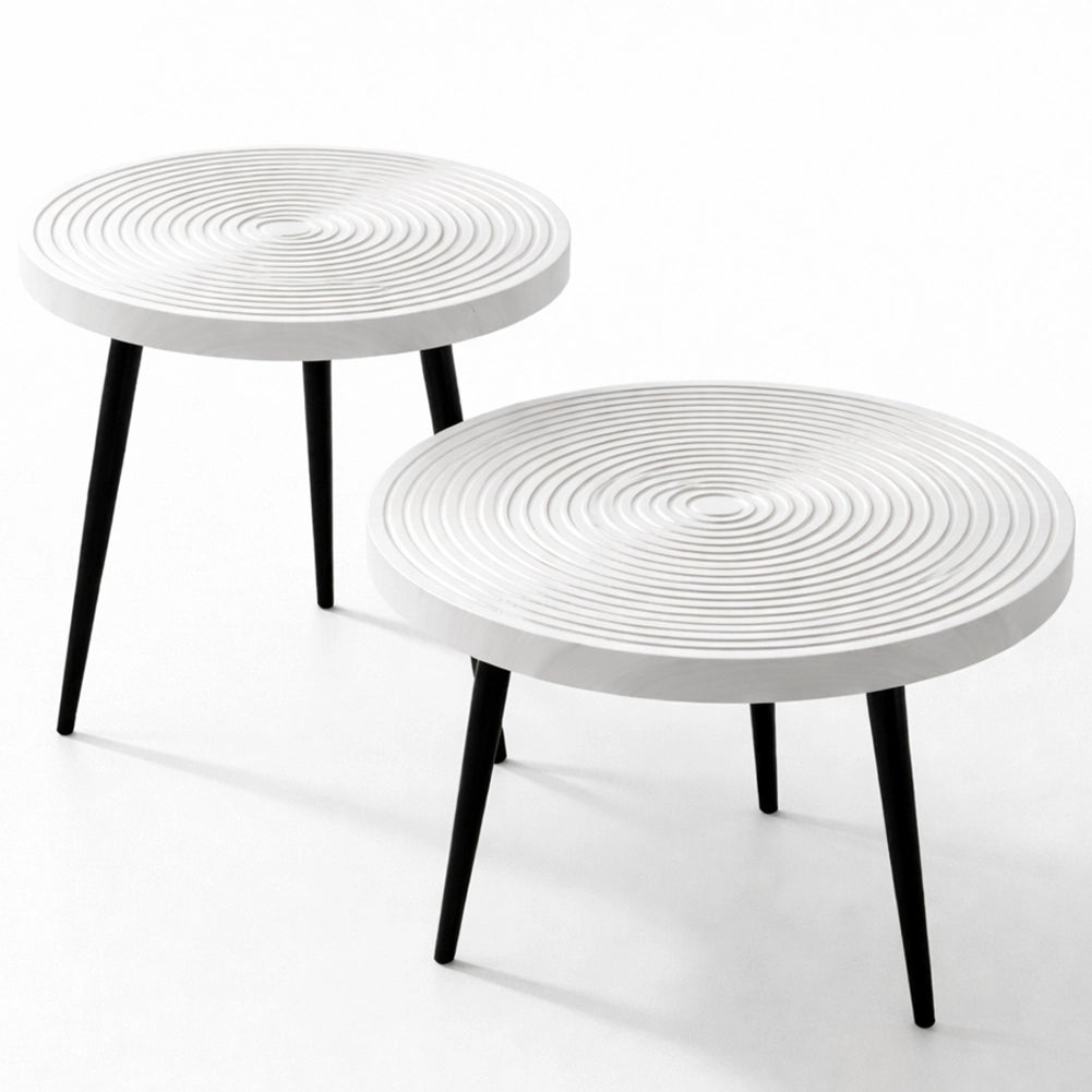 Set 2 Tavolini da Caffè Rotondi Ø60 cm e Ø50 cm Design Industrial in MDF e Metallo Bianco