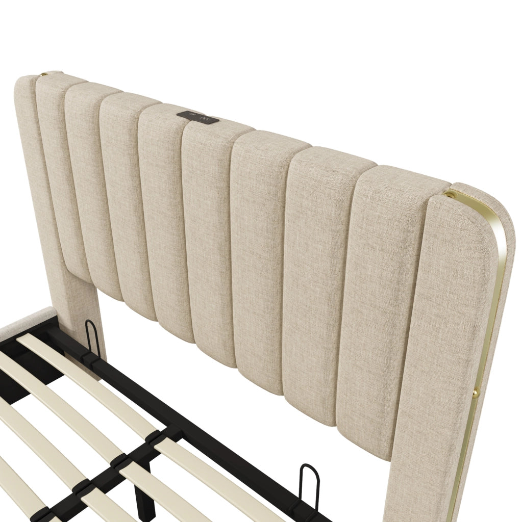 Letto matrimoniale imbottito 160x200 cm beige con contenitore idraulico e USB-C