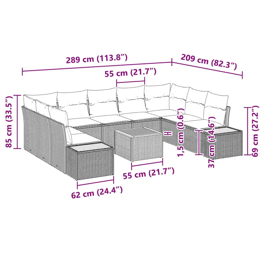 Set Divano da Giardino con cuscino 10 pcs Nero Poly Rattan 3348168